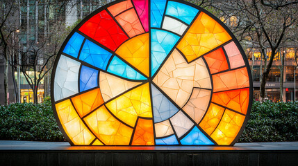 Fototapeta premium vibrant mosaic sculpture featuring colorful geometric patterns in public plaza, creating lively atmosphere
