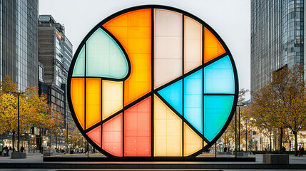 Fototapeta premium vibrant mosaic pie chart sculpture in public plaza, surrounded by urban buildings and autumn trees