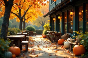 Autumnal Outdoor Patio Scene with Wooden Tables, Benches, and Pumpkins