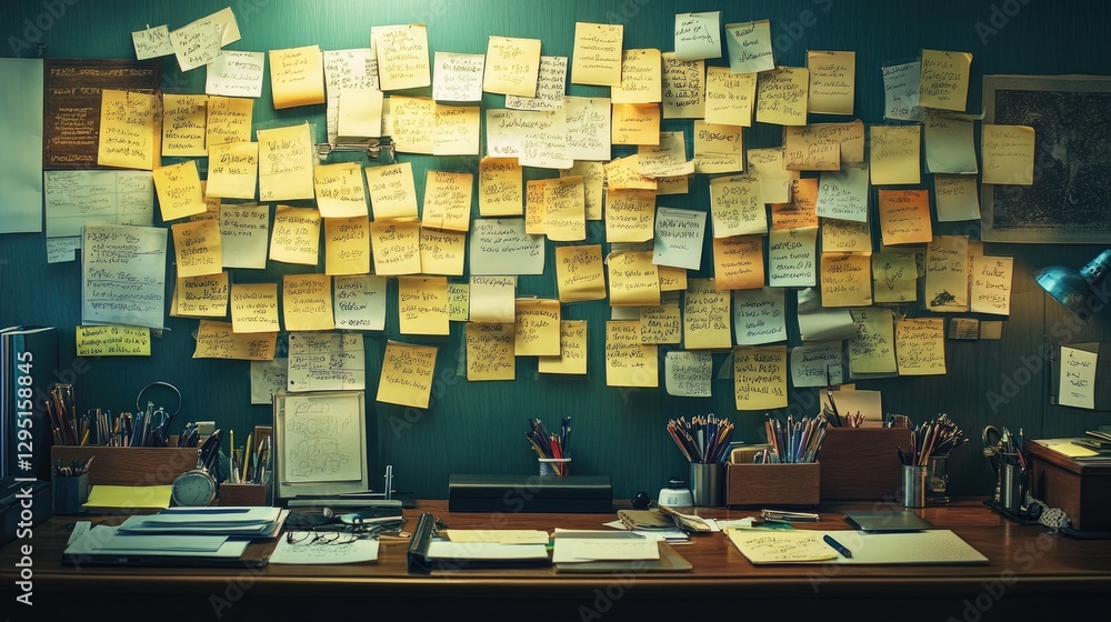 Poster organized office workspace with neatly arranged sticky notes listing correct and incorrect business 