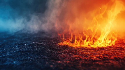 Fototapeta premium Fiery flames and smoke rise from dark surface, creating dramatic contrast of colors. scene evokes sense of intensity and power, highlighting elements of fire and heat