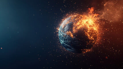 image depicts fiery planet Earth surrounded by glowing particles, symbolizing environmental destruction and climate change