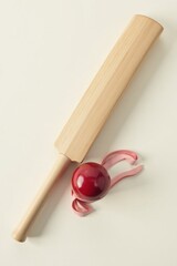 A Simple Wooden Cricket Bat and a Crimson Ball Ready for a Game of Backyard Cricket