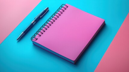 Pink spiral notebook and pen on colorful background