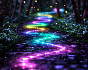 vibrant, surreal landscape featuring colorful illuminated path through lush forest, reflecting on water