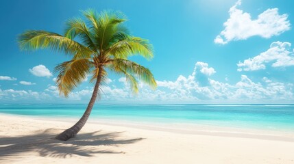 A solitary palm tree stands on a sandy beach under a clear blue sky, creating a serene tropical atmosphere.