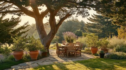 A backyard corner with large potted trees, ready for planting.