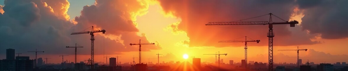 Obraz premium Golden hour illuminates towering cranes and brooding clouds above a construction zone , structure, project, sky