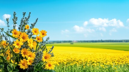 Obraz premium A vibrant vase filled with yellow flowers, set against a vast field of blooming yellow flowers, creating a stunning visual of nature's beauty.