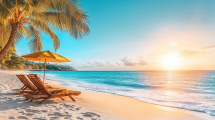 A serene beach scene featuring two chairs and a vibrant umbrella, inviting relaxation and enjoyment under the sun.