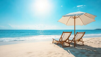 Fototapeta premium Two chairs and a colorful umbrella are set up on a sandy beach, creating a relaxing outdoor space for enjoyment and leisure under the sun.