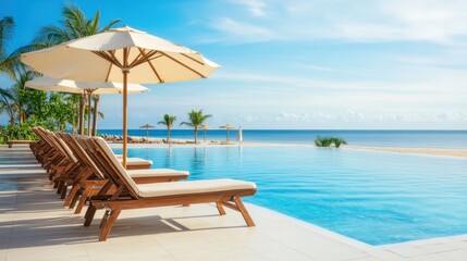 Obraz premium Beachside pool area features neatly arranged chairs and colorful umbrellas, creating a relaxing atmosphere for sunbathers and swimmers alike.