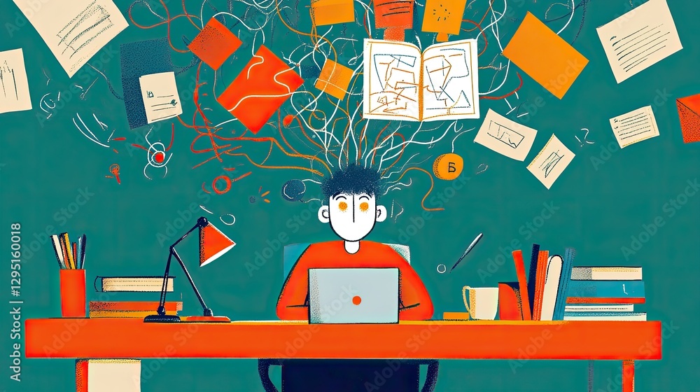 Poster professional sitting at a desk with a puzzled expression, tangled lines and icons above his head sym
