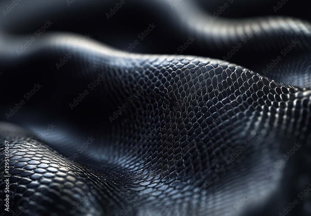 Poster close-up view of black snake skin texture with smooth curves and metallic shimmering surface for fas