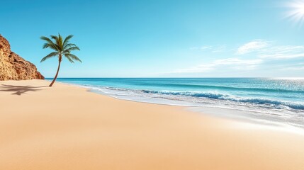 A solitary palm tree stands gracefully on the sandy beach, overlooking the tranquil ocean waves under a clear sky.