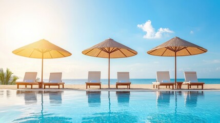 Fototapeta premium A serene scene featuring multiple lounge chairs and umbrellas partially submerged in tranquil water, ideal for relaxation and leisure.