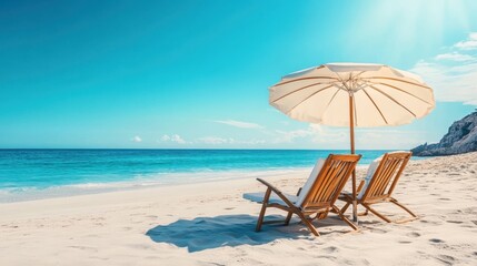 Two colorful chairs and a large umbrella are positioned on a sandy beach, inviting relaxation under the bright sun and clear blue sky.