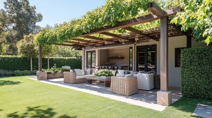 A backyard patio with seating under a leafy tree canopy.
