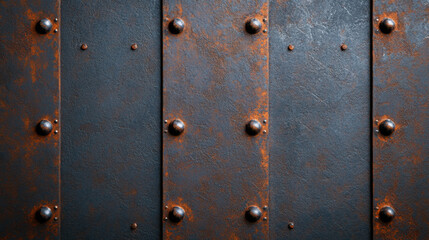 Fototapeta premium Old metal plate texture with rust and rivets, showcasing industrial design and weathered appearance. Perfect for backgrounds or textures in various projects