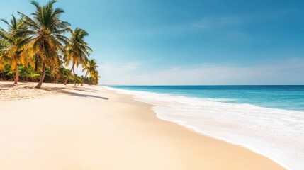 Obraz premium A serene beach scene featuring a few palm trees gently swaying on the shore against a clear blue sky and tranquil waters.