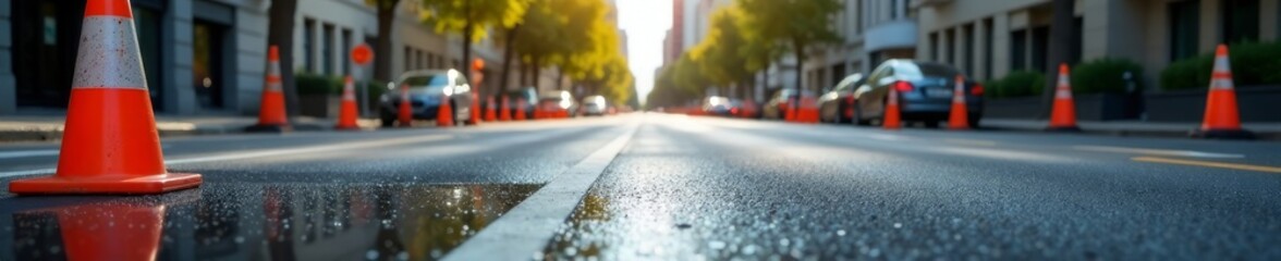City street undergoing resurfacing with orange cones , improvement, project, city infrastructure