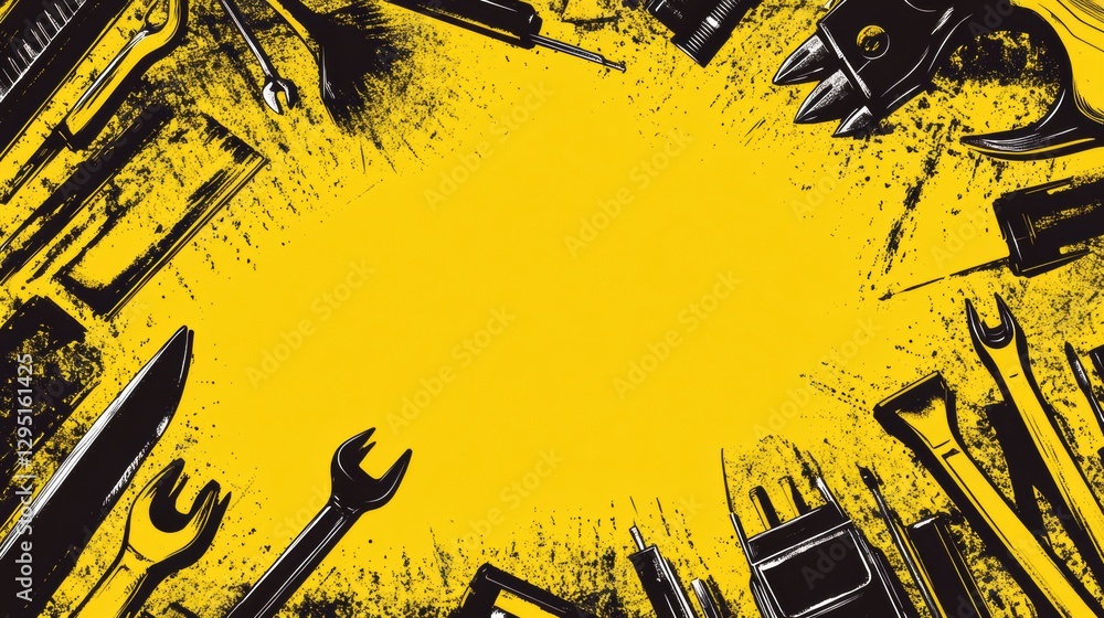 Poster tools and equipment arranged on a yellow background for design use