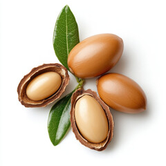 Argan nuts with leaves on white background, showcasing their natural beauty and unique shape. These nuts are known for their rich oil, often used in cosmetics and culinary dishes