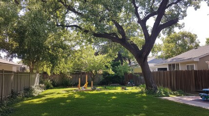 Obraz premium A backyard with a play area for kids under a large shady tree.