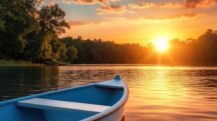 Fototapeta premium A serene boat rests on calm water, bathed in the warm hues of a sunset, creating a picturesque and tranquil scene.