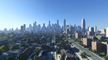 Naklejka premium Stunning city skyline with a bird-eye view of buildings, roads, and infrastructure under a clear blue sky.