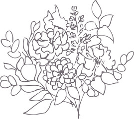 手書きの花束イラスト。ベクターの花束イラスト。花束の線画イラスト。Hand drawn bouquet illustration. Vector bouquet illustration. Line drawing illustration of a bouquet.