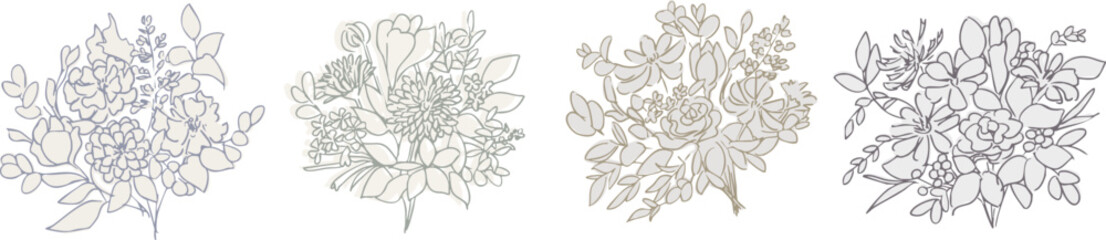 手書きの花束イラスト。ベクターの花束イラスト。花束の線画イラスト。Hand drawn bouquet illustration. Vector bouquet illustration. Line drawing illustration of a bouquet.