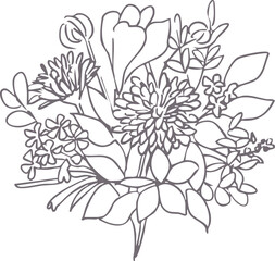 手書きの花束イラスト。ベクターの花束イラスト。花束の線画イラスト。Hand drawn bouquet illustration. Vector bouquet illustration. Line drawing illustration of a bouquet.