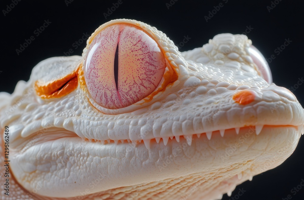 Poster close-up view of unique white gecko with intricate eye patterns and textured skin on a black backgro