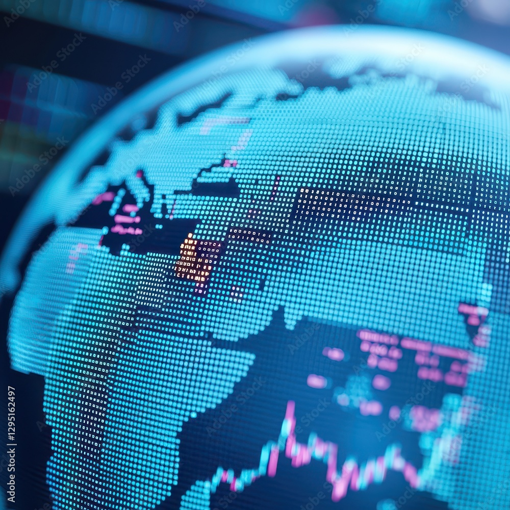 Poster a digital globe showcasing financial data, with a focus on the middle east, highlighted by colorful 