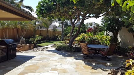 A beautifully designed patio shaded by a recently moved tree.