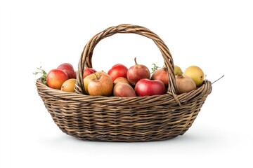 Apples pears wicker basket harvest autumn studio background food