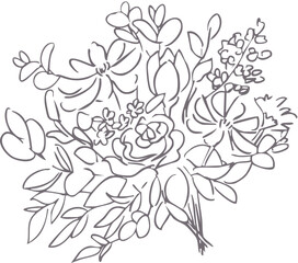 手書きの花束イラスト。ベクターの花束イラスト。花束の線画イラスト。Hand drawn bouquet illustration. Vector bouquet illustration. Line drawing illustration of a bouquet.