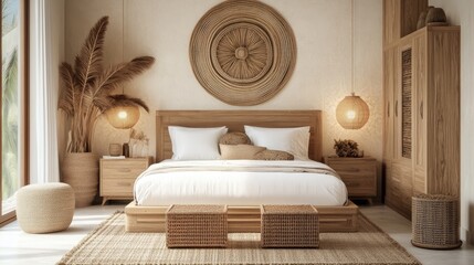 A beautiful bedroom with a statement bed, soft lighting, and natural wood accents.
