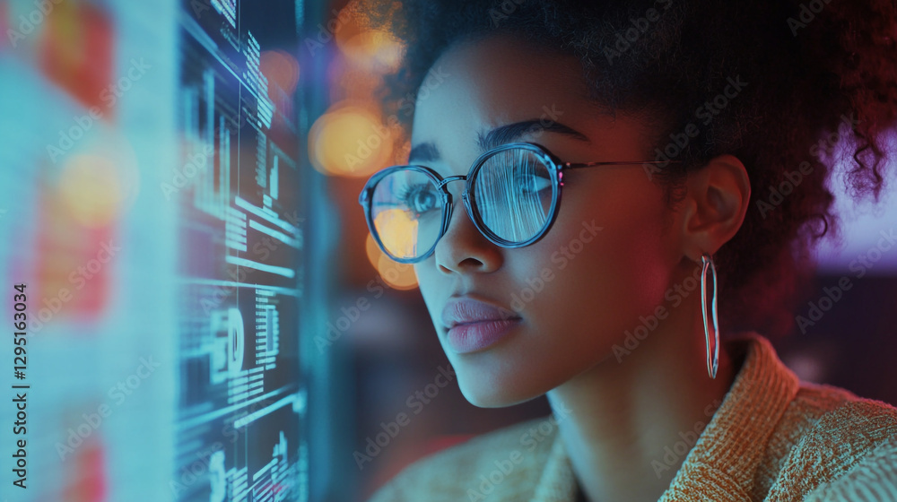 Poster focused woman programmer analyzing data on a bright screen blue work code night light cyber coding