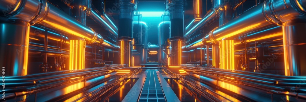 Aufkleber futuristic gas power plant with glowing neon pipelines in a high tech environment at night. generati