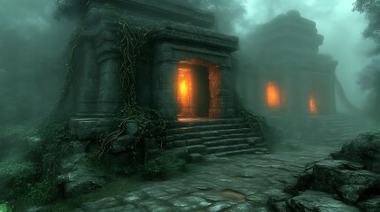 Ancient ruins shrouded in fog with a stone path in front