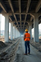 Fototapeta premium Construction worker inspecting underpass, beams visible, perspective, scrutiny