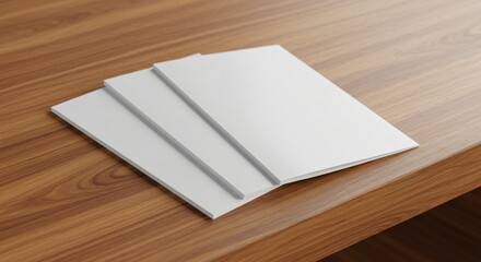 Fototapeta premium Three blank brochures on wooden table, clean and professional mockup.