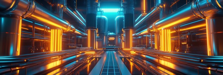 Fototapeta premium Futuristic gas power plant with glowing neon pipelines in a high tech environment at night. Generative AI