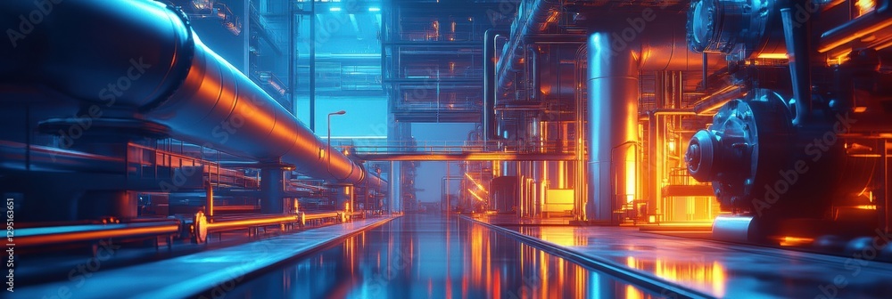 Poster futuristic gas power plant with glowing neon pipelines illuminated in a high tech industrial setting