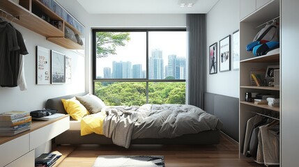 A bright and airy bedroom with a centered bed and a walk-through passage.