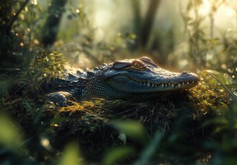 Fototapeta premium Crocodile Lying in Mossy Forest Underneath Soft Natural Light with Blurred Background in a Lush Green Environment