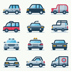 A bundle of car icons in a simple, minimalist, and modern flat design style. This set includes various car models and vehicle types, ideal for applications, websites, infographics, and creative projec