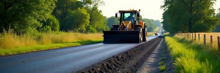Heavy machinery repairing damaged asphalt on a rural road ,  damaged road,  milling